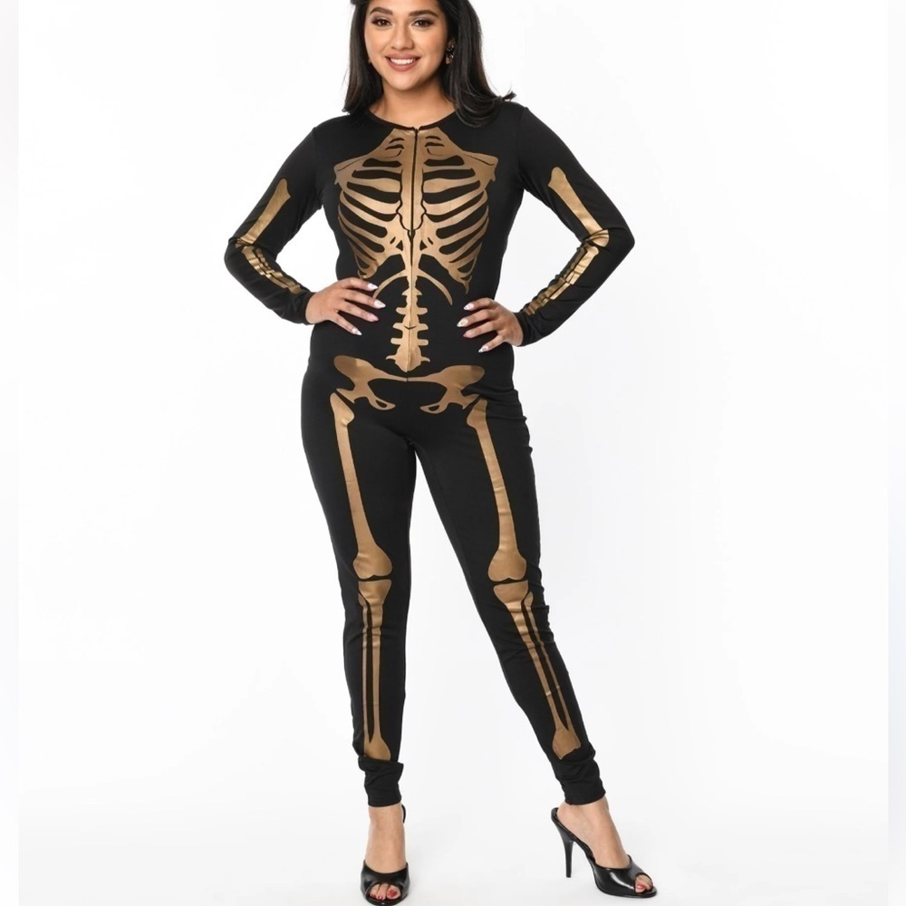 Brand New Black & Bronze Skeleton Bodysuit Full Body Zip Up Long Sleeve Large